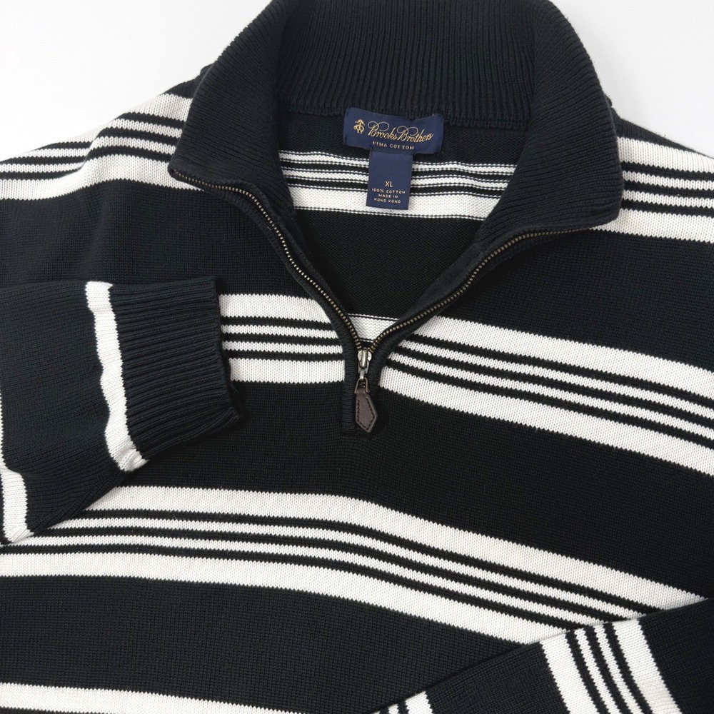 Brooks Brothers Pima Cotton 1/4 Zip Sweater Mens XL Black White Striped